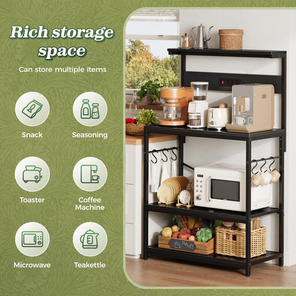 Amadwell Kitchen Bakers Rack with Power Outlets, 31.5" Large Microwave Stand, Coffee Bar Station, Black