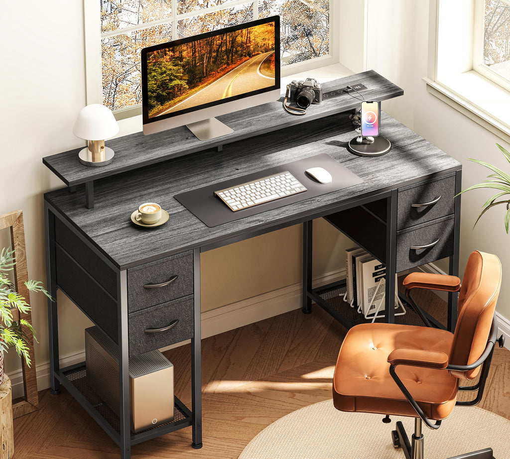 Amadwell 47" Gaming Computer Desk with LED Lights, Power Outlets, Home Office Writing Desk with 4 Drawers, Gray