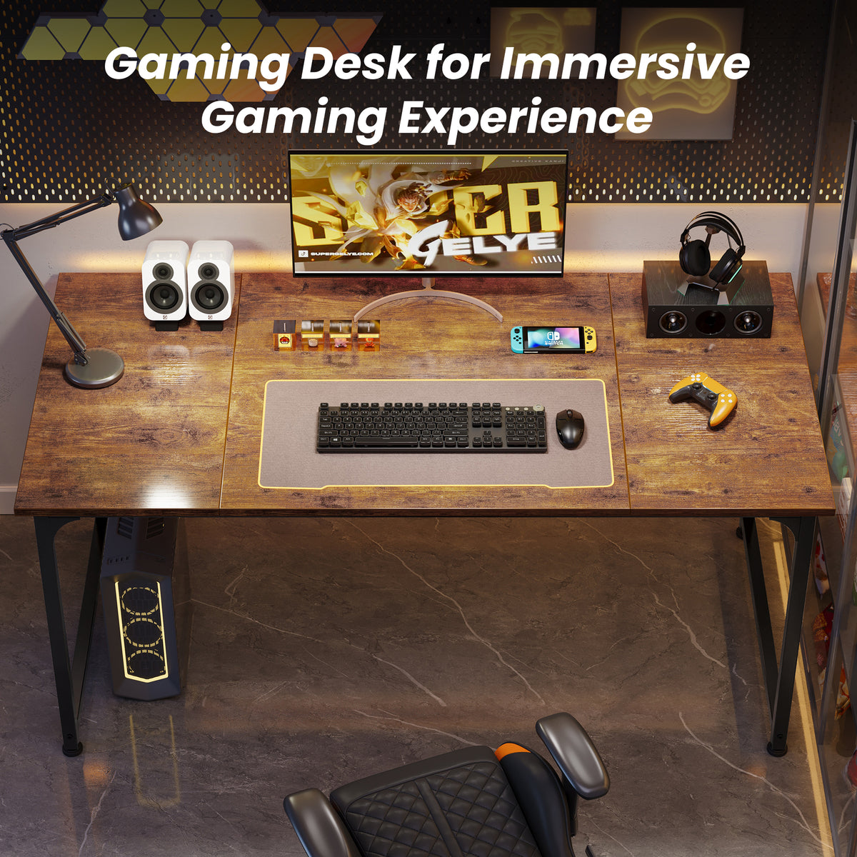 63" Computer Desk, Modern Office, Study & Gaming Desk with Storage, Large Legroom, Sturdy Metal Frame, Rustic Brown