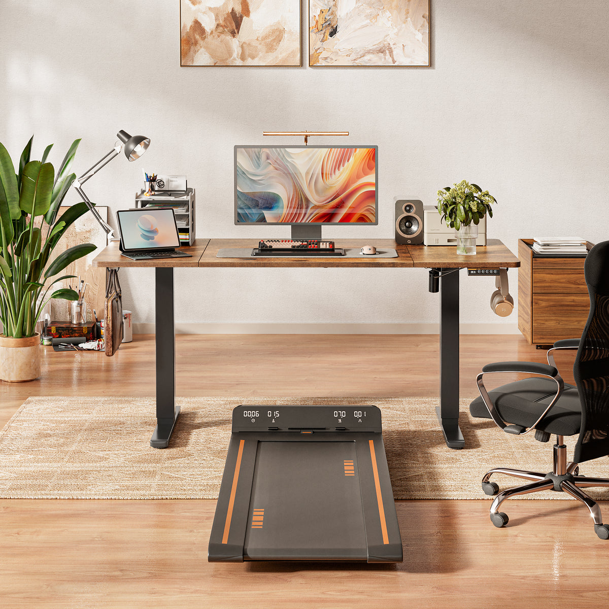 Amadwell 63" Electric Height Adjustable Standing Desk, 27.6" Deep Work Table with Cable Management, Home Office Desk, Brown
