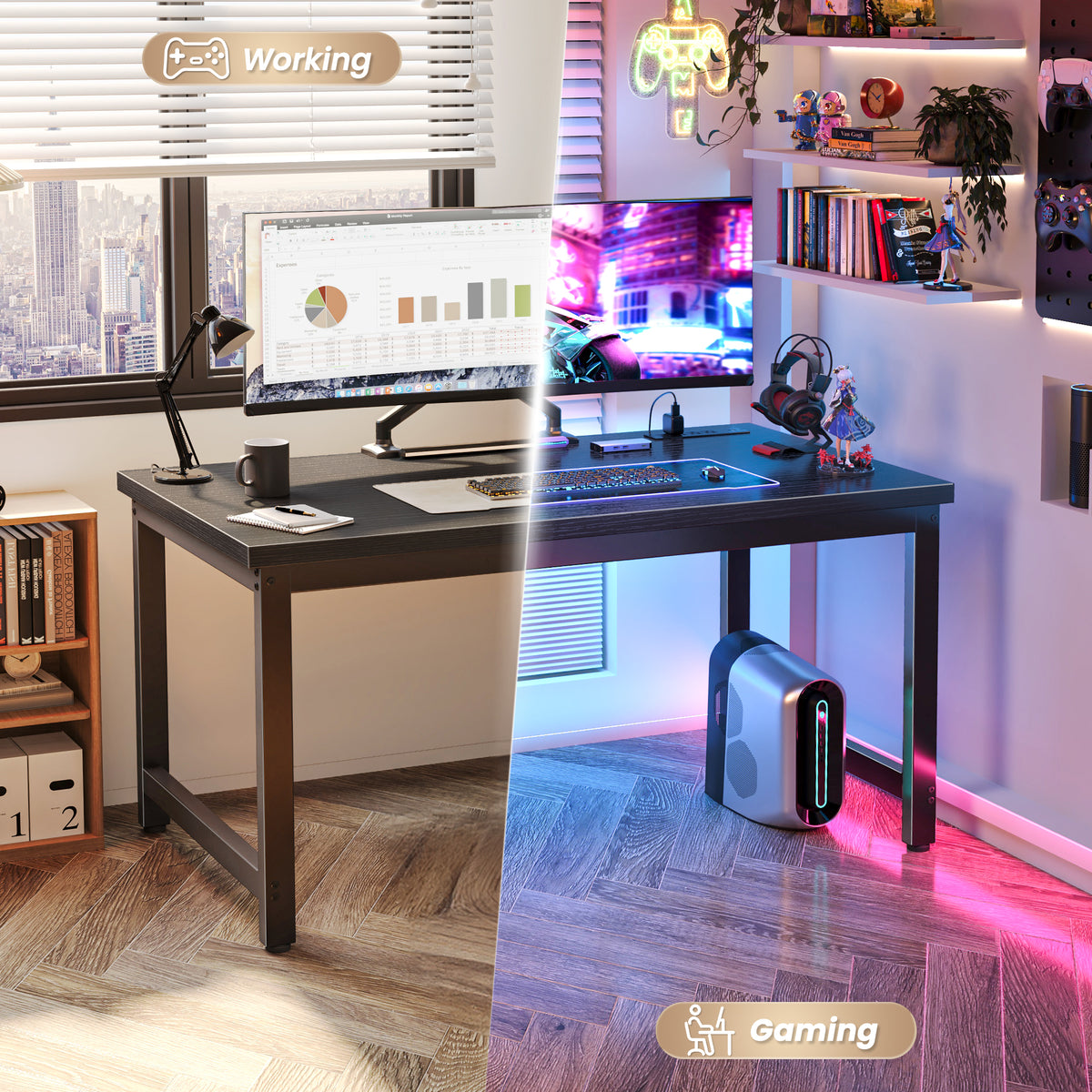 Amadwell 47 Inch Desk with Power Outlets, USB-C, 0.95 Inch Thicker Sturdy Computer Desk, Office Desk with Robust Metal Tubes, Work Gaming Desk for Home Office, Black