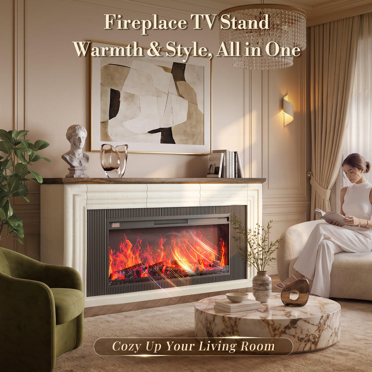 Amadwell 70'' Fireplace TV Stand for 65 75'' TV, Farmhouse TV Stand with 42'' Electric Fireplace, Entertainment Center TV Console for Living Room, 3 Storage Drawers & Fluted Design, Distressed White