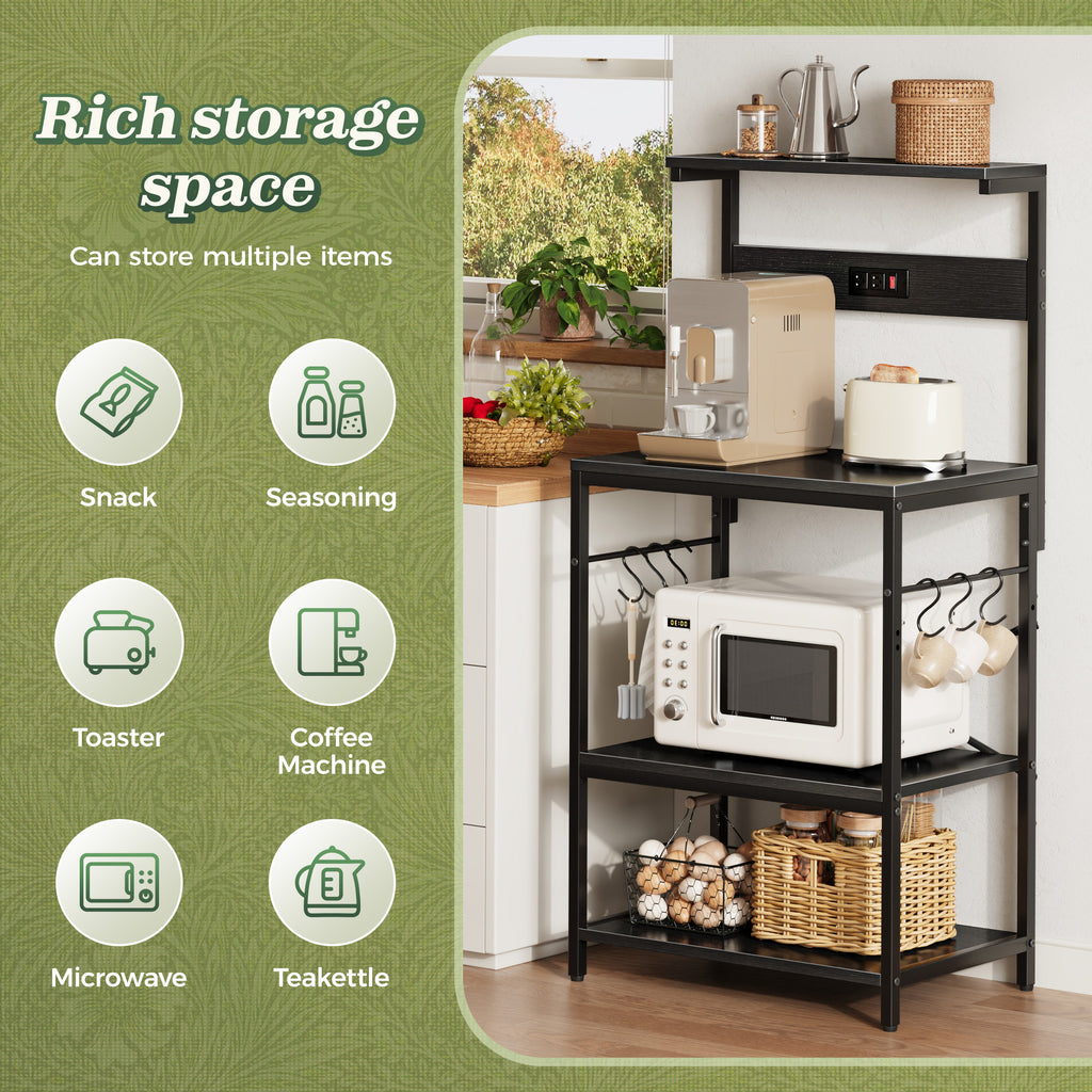 Amadwell 4-Tier Kitchen Storage Shelf Organizer Bakers Rack with Power Outlets, Coffee Bar & Microwave Stand, All Black