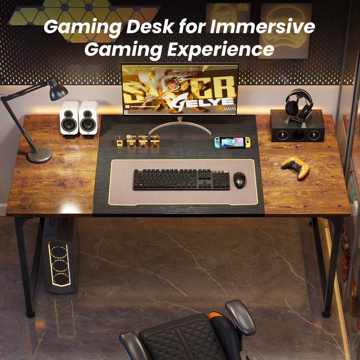 63" Computer Desk, Modern Office, Study & Gaming Desk with Storage, Large Legroom, Sturdy Metal Frame, Rustic Brown and Black
