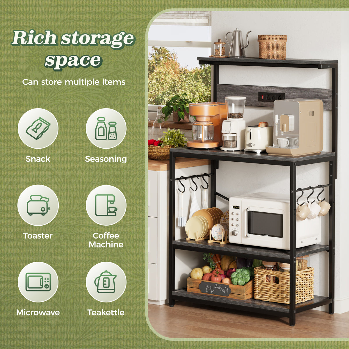 Amadwell Kitchen Bakers Rack with Power Outlets, 31.5" Large Microwave Stand, Coffee Bar Station, Gray