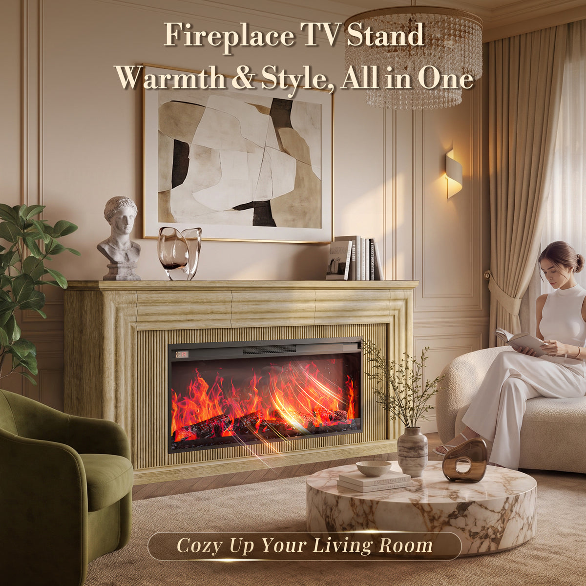 Amadwell 70'' Fireplace TV Stand for 65 75'' TV, Farmhouse TV Stand with 42'' Electric Fireplace, Entertainment Center TV Console for Living Room, 3 Storage Drawers & Fluted Design, Natural