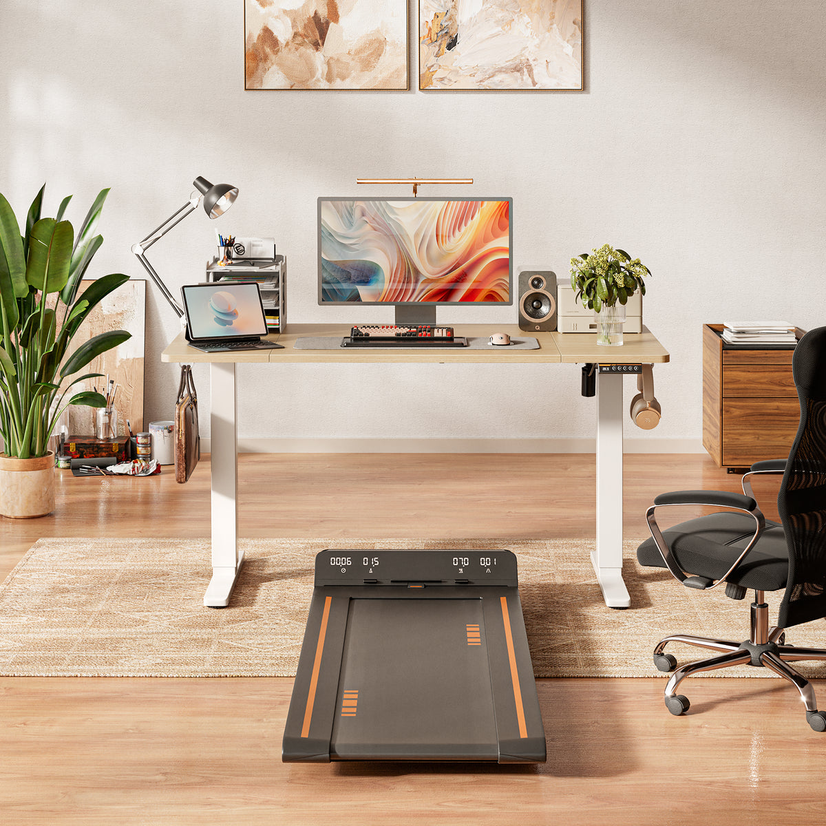 Amadwell 55" Electric Height Adjustable Standing Desk, 27.6" Deep Work Table with Cable Management, Home Office Desk, Beige