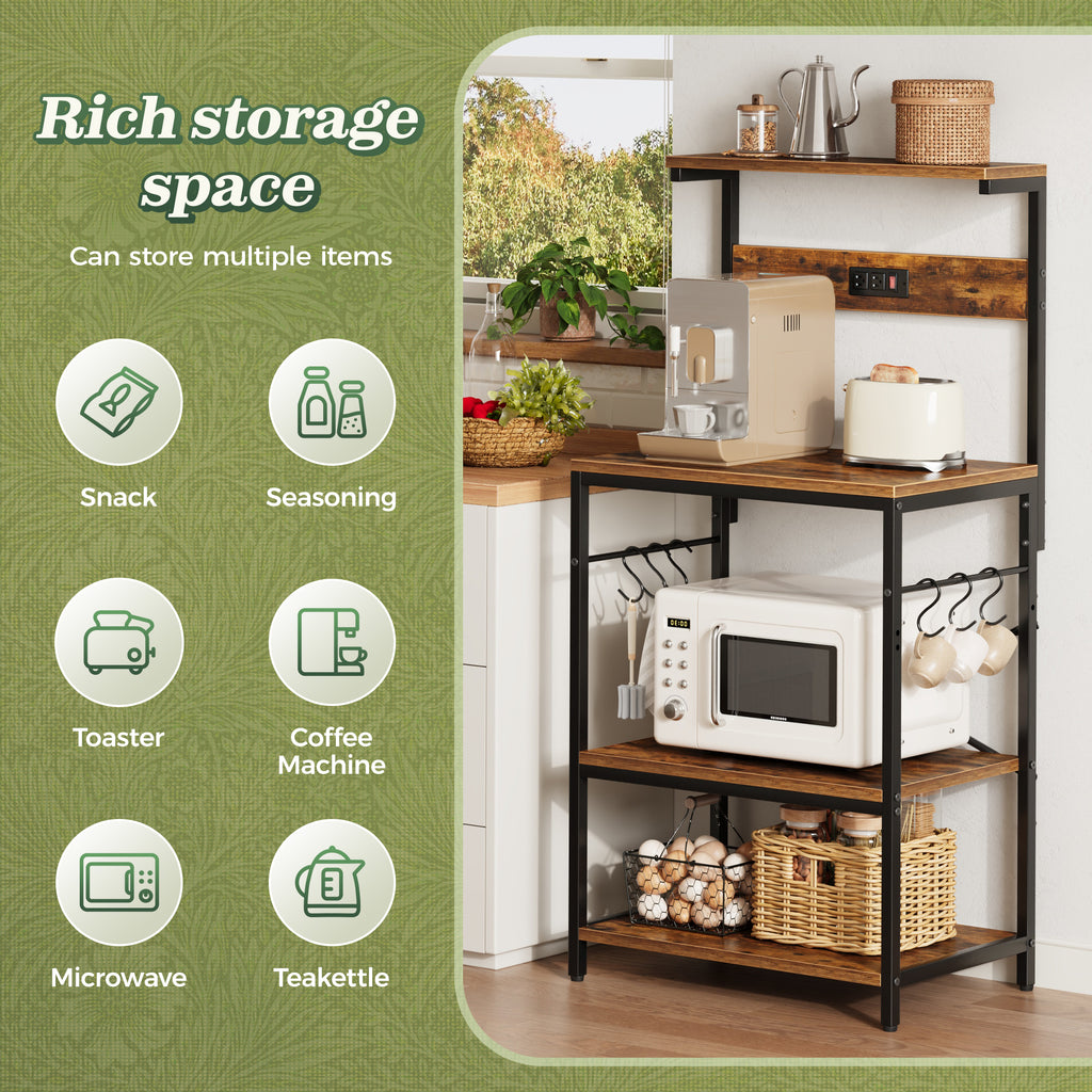 Amadwell 4-Tier Kitchen Storage Shelf Organizer Bakers Rack with Power Outlets, Coffee Bar & Microwave Stand, Brown