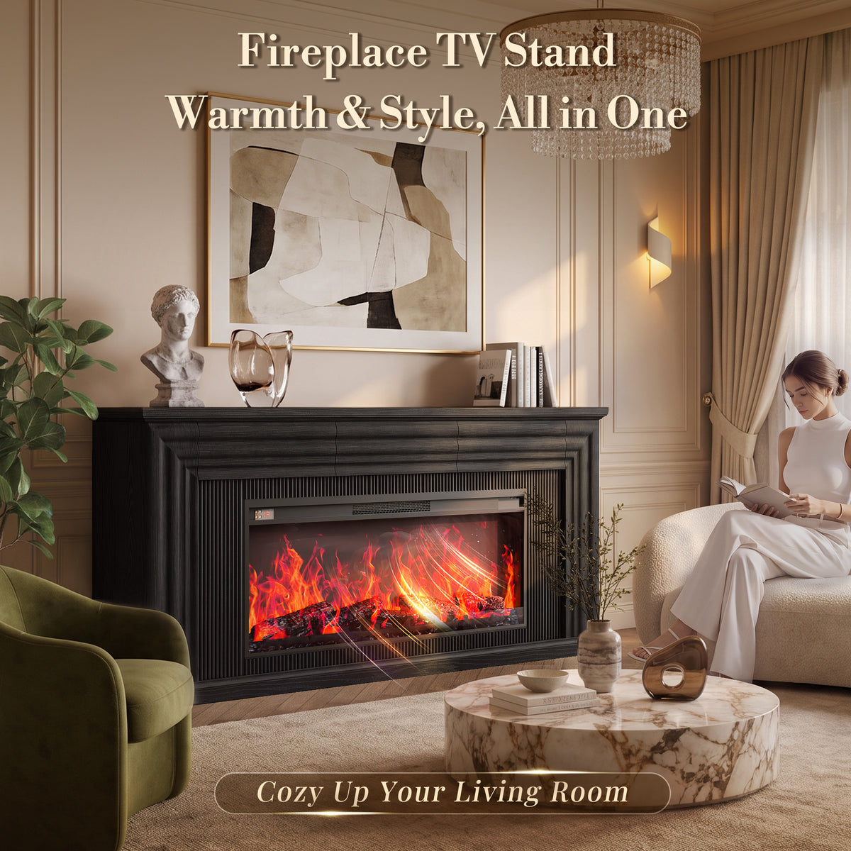 Amadwell 70'' Fireplace TV Stand for 65 75'' TV, Farmhouse TV Stand with 42'' Electric Fireplace, Entertainment Center TV Console for Living Room, 3 Storage Drawers & Fluted Design, Black