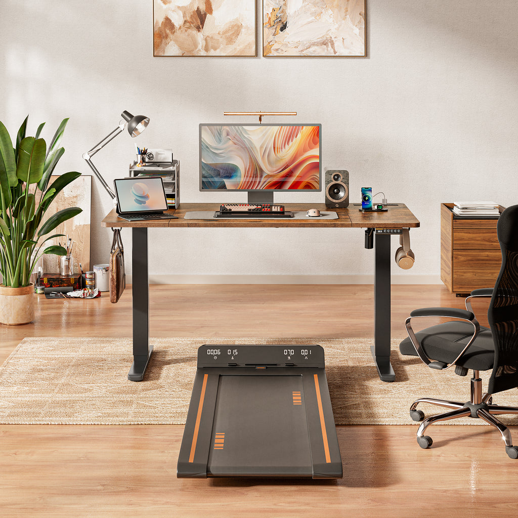 Amadwell 55" Electric Height Adjustable Standing Desk, 27.6" Deep Work Table with Power Outlets, Home Office Desk, Brown