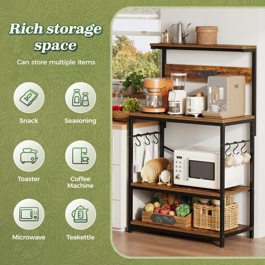 Amadwell Kitchen Bakers Rack with Power Outlets, 31.5" Large Microwave Stand, Coffee Bar Station, Brown
