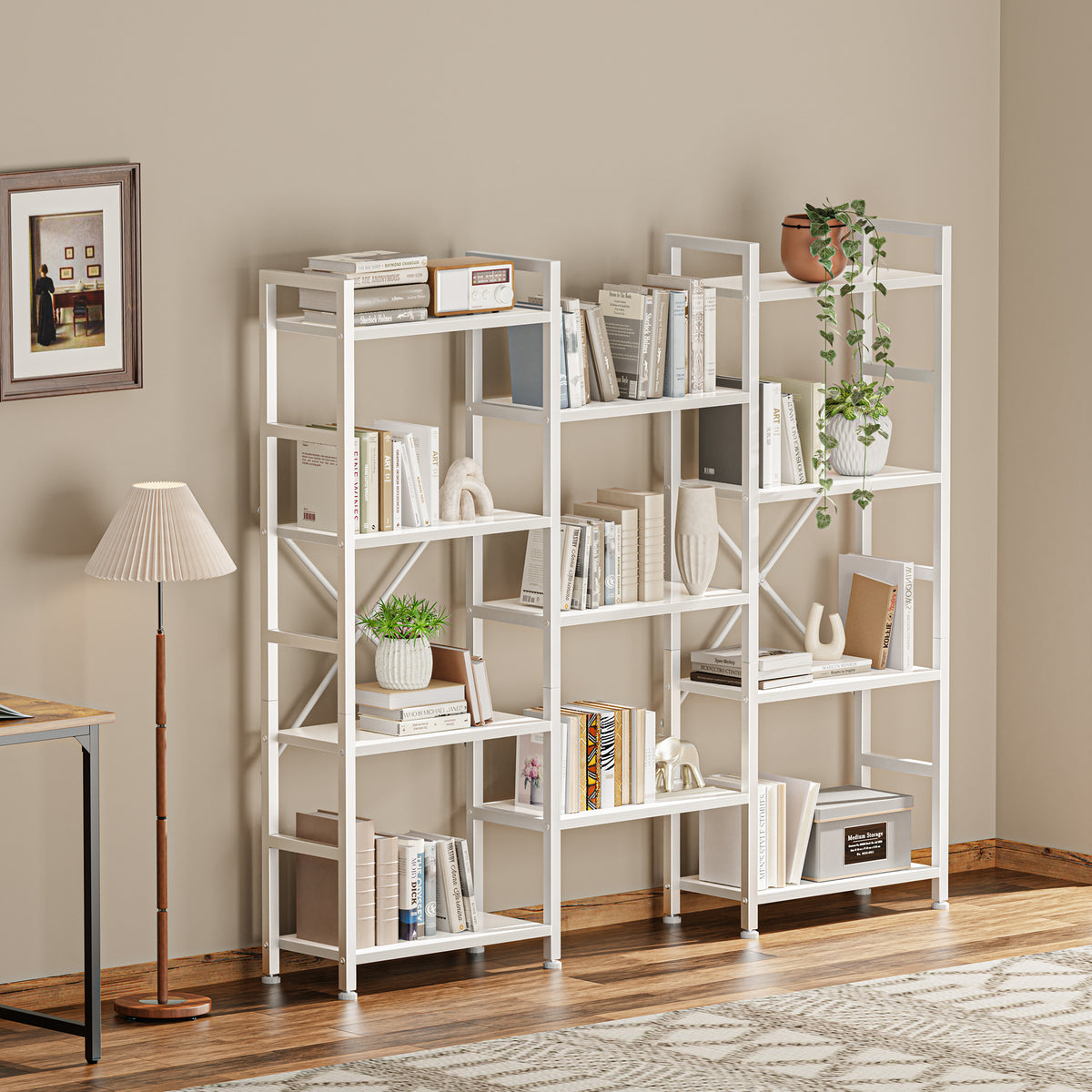 Amadwell 4 Tier Industrial Bookcase, Large Shelf Bookshelf, 11 Units Storage for Living Room, White
