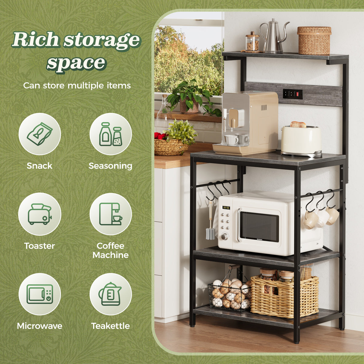 Amadwell 4-Tier Kitchen Storage Shelf Organizer Bakers Rack with Power Outlets, Coffee Bar & Microwave Stand, Gray