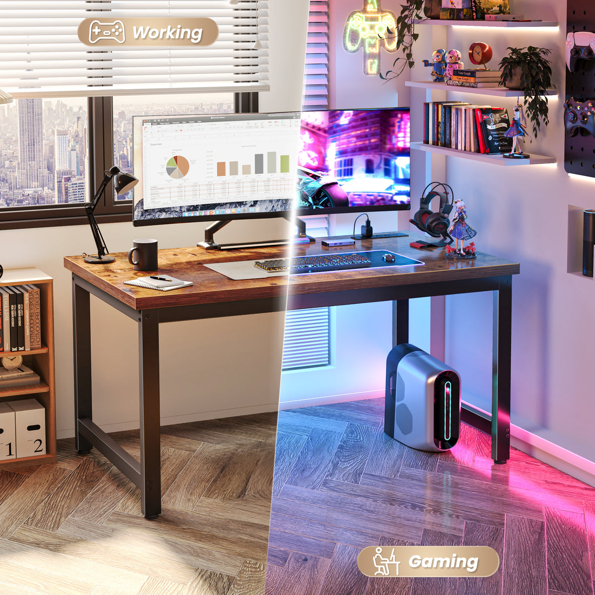 Amadwell 47 Inch Desk with Power Outlets, USB-C, 0.95 Inch Thicker Sturdy Computer Desk, Office Desk with Robust Metal Tubes, Work Gaming Desk for Home Office, Rustic Brown