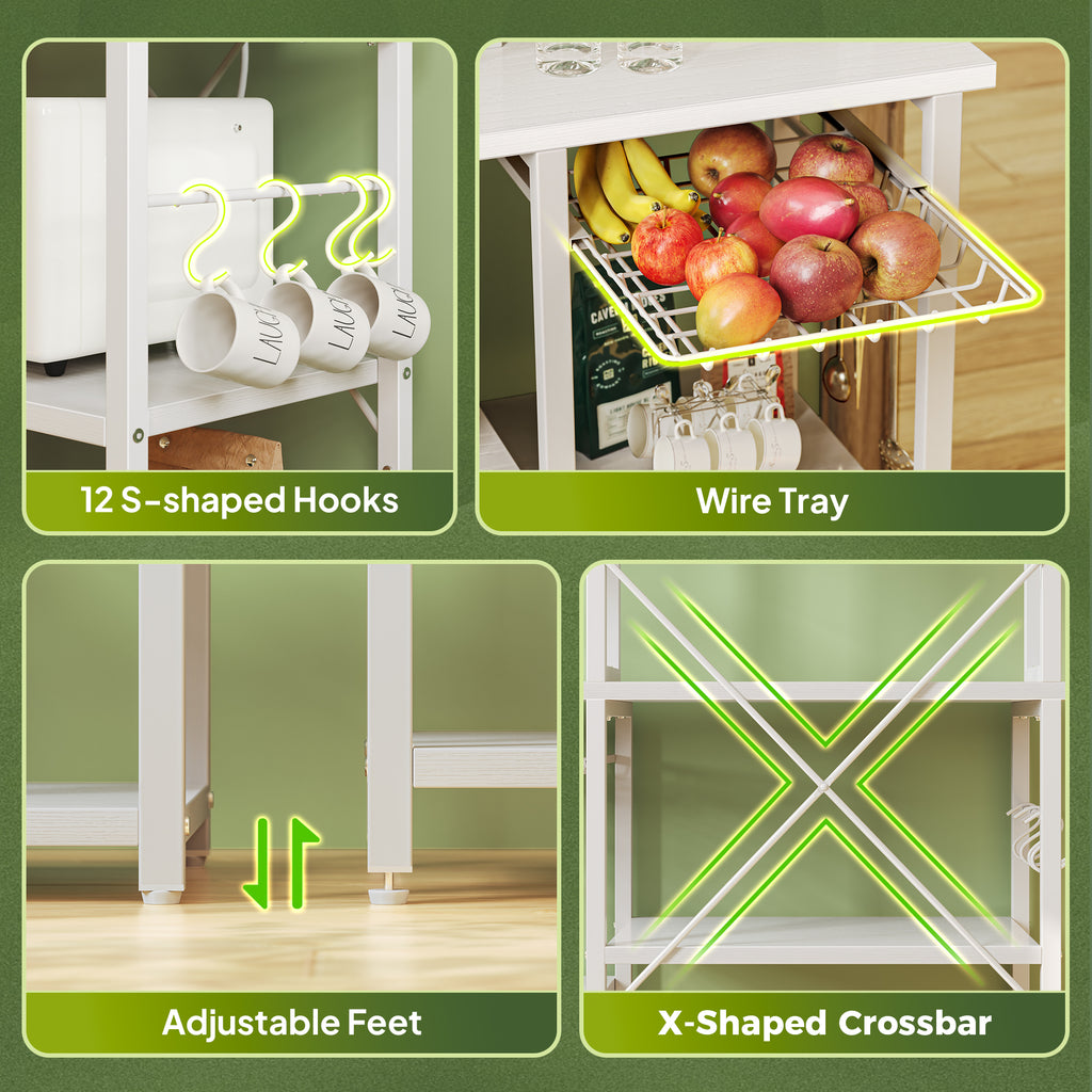 Amadwell 39.4" Large Bakers Rack, 6-Tier Microwave Stand with Power Outlets, Kitchen Shelf with Wire Basket, White