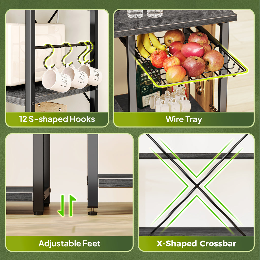Amadwell 39.4" Large Bakers Rack, 6-Tier Microwave Stand with Power Outlets, Kitchen Shelf with Wire Basket, Gray