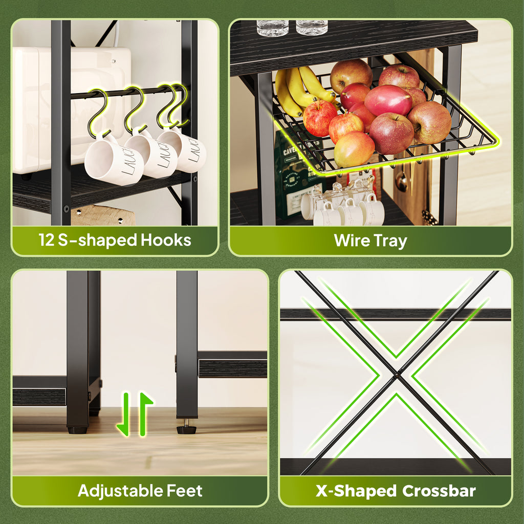 Amadwell 39.4" Large Bakers Rack, 6-Tier Microwave Stand with Power Outlets, Kitchen Shelf with Wire Basket, Black