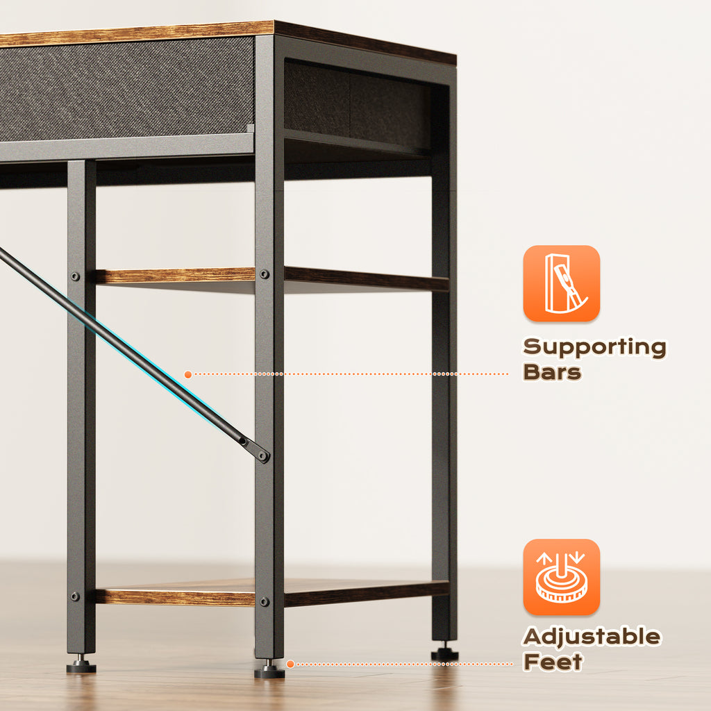 Amadwell 47" Desk with Drawers & Storage, Office Desk with Reversible Shelves, Gaming Computer Desk, Brown