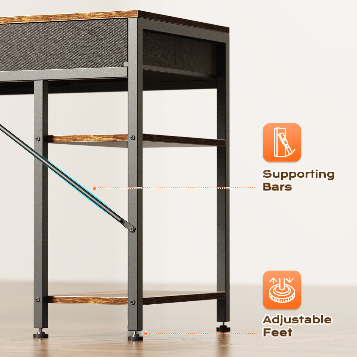 Amadwell 47" Desk with Drawers & Storage, Office Desk with Reversible Shelves, Gaming Computer Desk, Brown