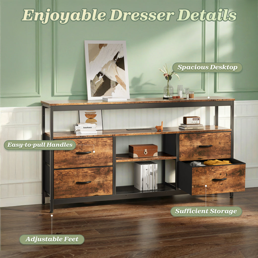 Amadwell TV Stand with Power Outlets & LED Lights, 4 Drawer Dresser Entertainment Center, Media Console with Open Shelf, Brown