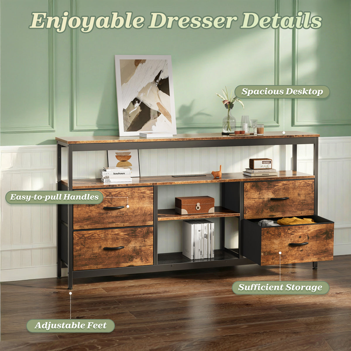 Amadwell TV Stand with Power Outlets & LED Lights, 4 Drawer Dresser Entertainment Center, Media Console with Open Shelf, Brown