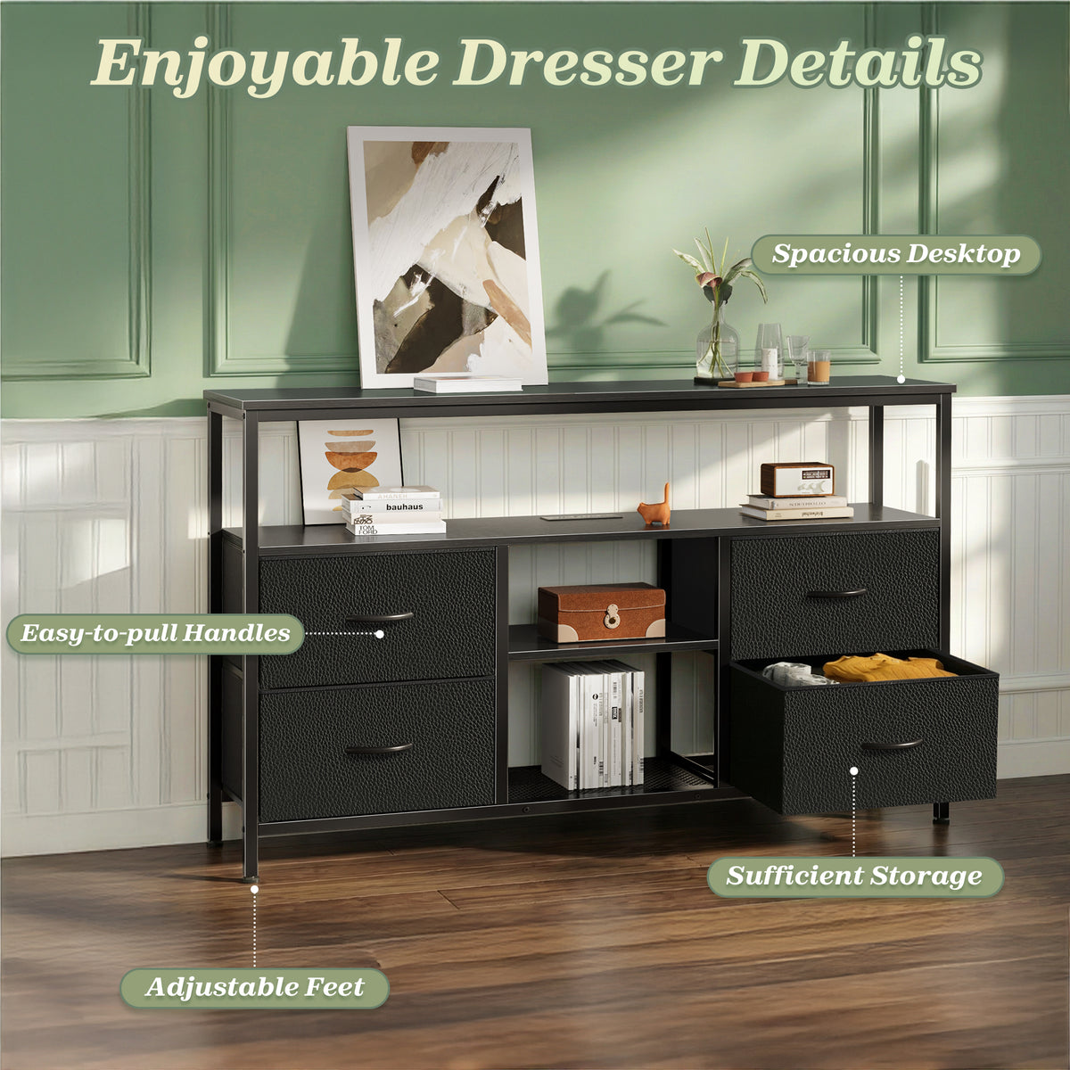 Amadwell TV Stand with Power Outlets & LED Lights, 4 Drawer Dresser Entertainment Center, Media Console with Open Shelf, Black