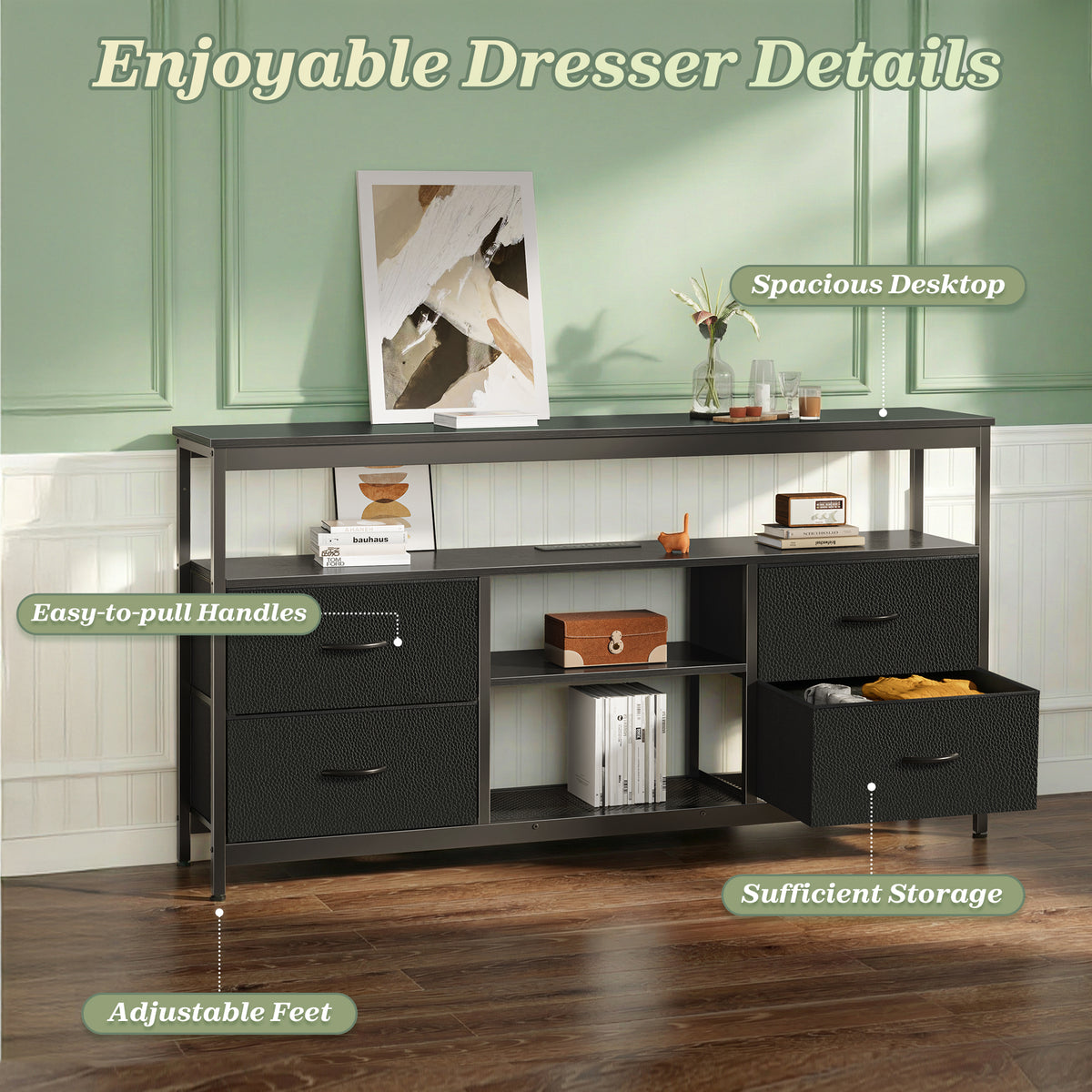 Amadwell TV Stand with Power Outlets & LED Lights, 4 Drawer Dresser Entertainment Center, Media Console with Open Shelf, Black