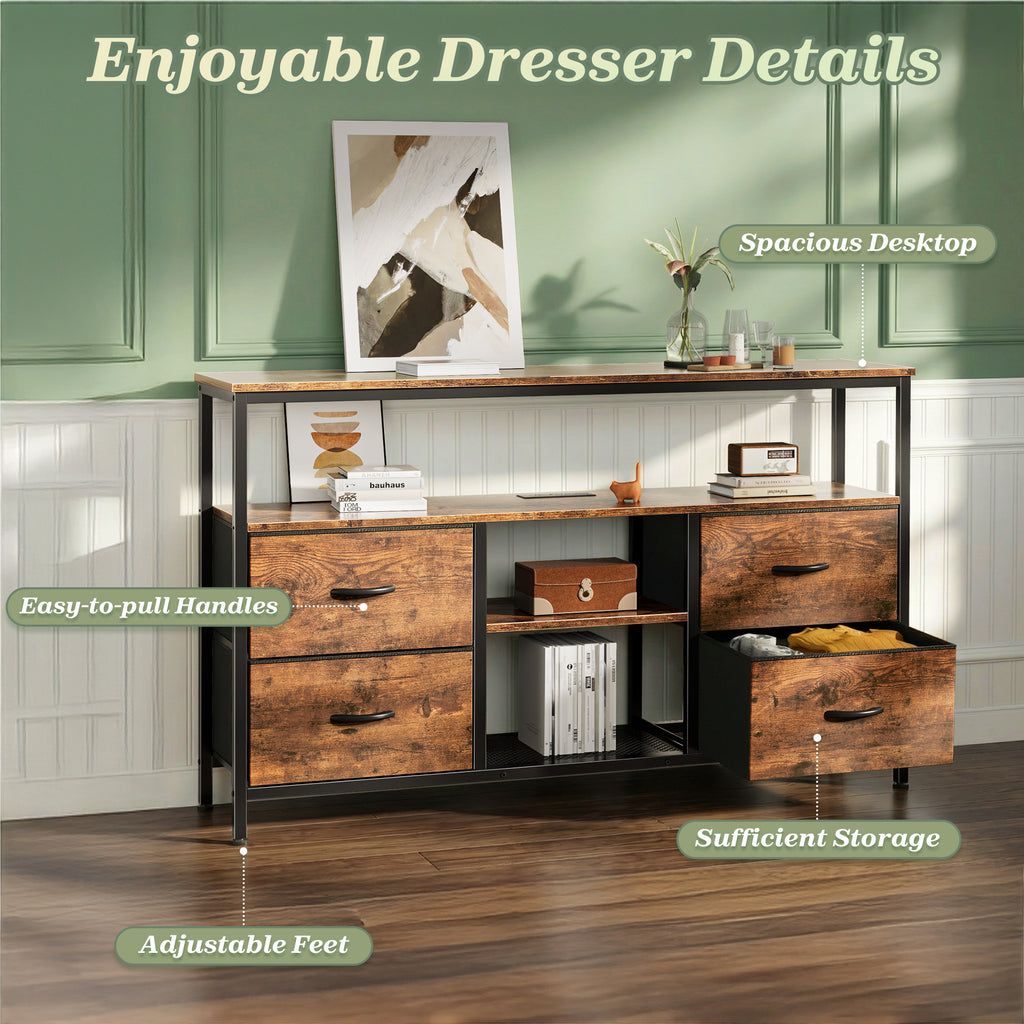 Amadwell TV Stand with Power Outlets & LED Lights, 4 Drawer Dresser Entertainment Center, Media Console with Open Shelf, Brown