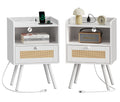 Amadwell Rattan Nightstands Set of 2, Bedside Tables with Charging Station, Storage Drawers & Solid Wood Feet for Bedroom, White