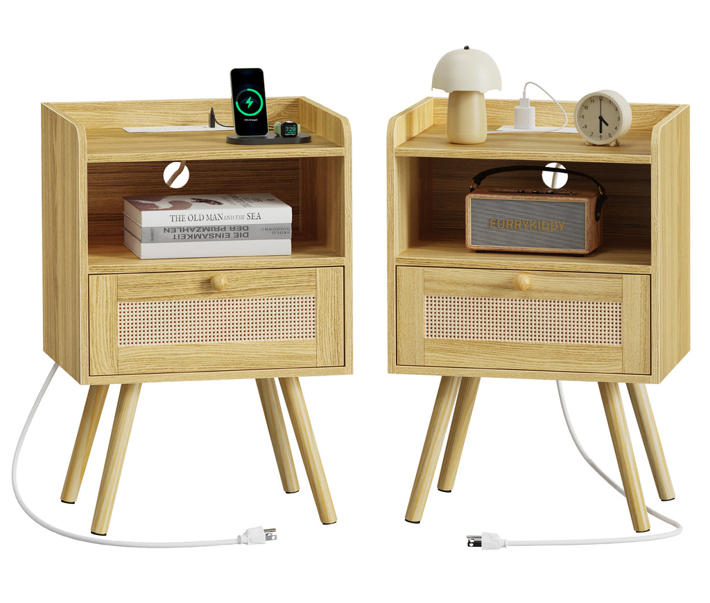 Amadwell Rattan Nightstands Set of 2, Bedside Tables with Charging Station, Storage Drawers & Solid Wood Feet for Bedroom, Yellow