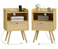 Amadwell Rattan Nightstands Set of 2, Bedside Tables with Charging Station, Storage Drawers & Solid Wood Feet for Bedroom, Yellow