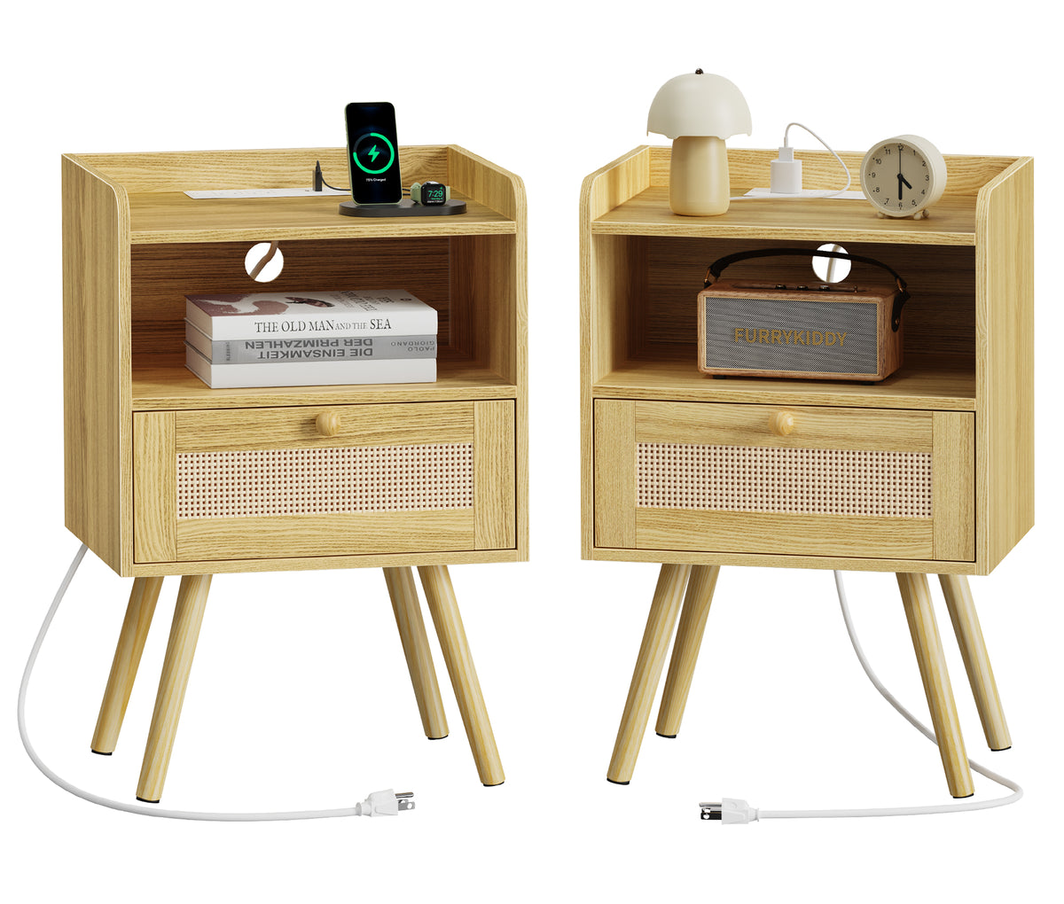 Amadwell Rattan Nightstands Set of 2, Bedside Tables with Charging Station, Storage Drawers & Solid Wood Feet for Bedroom, Yellow