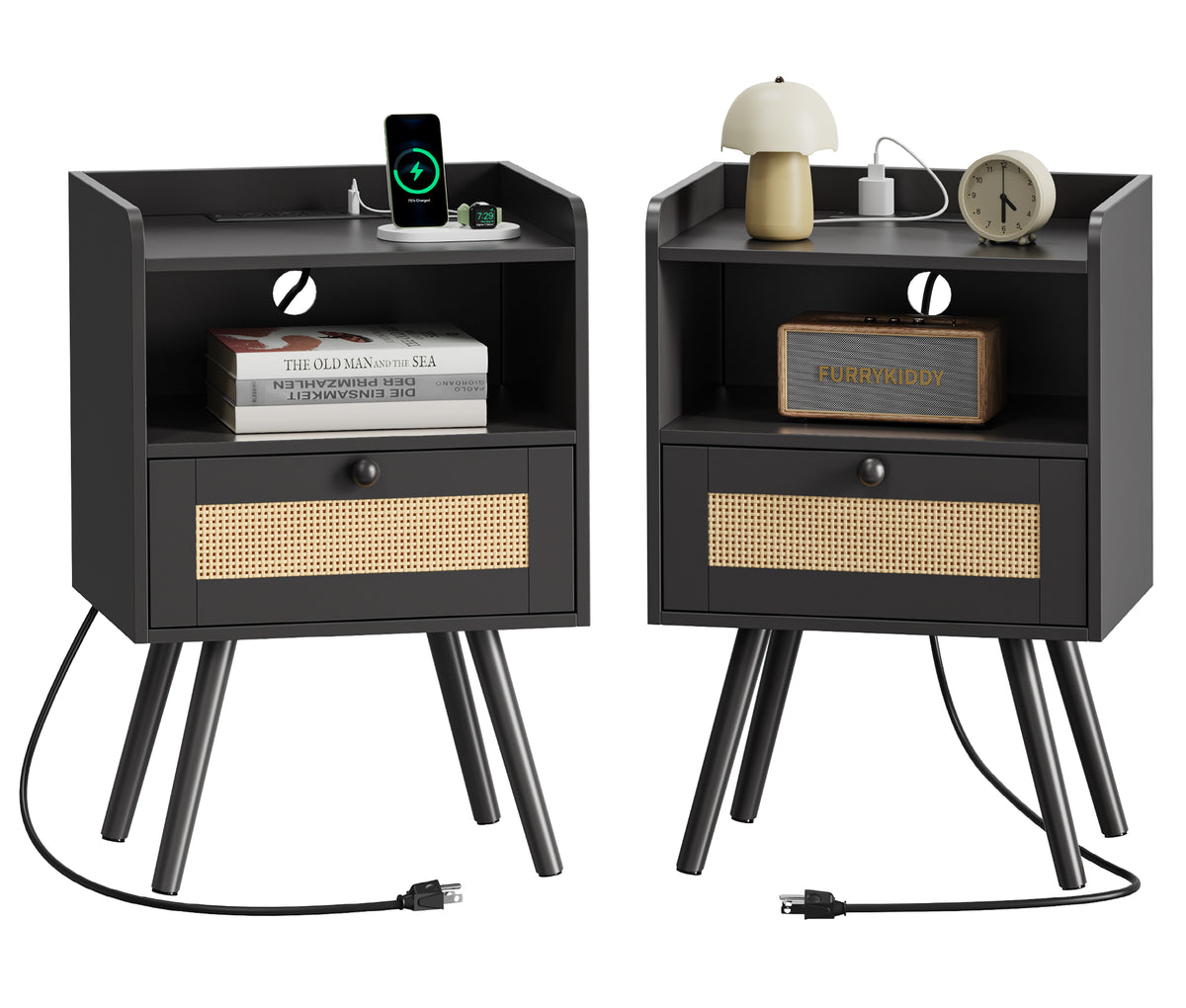 Amadwell Rattan Nightstands Set of 2, Bedside Tables with Charging Station, Storage Drawers & Solid Wood Feet for Bedroom, Black