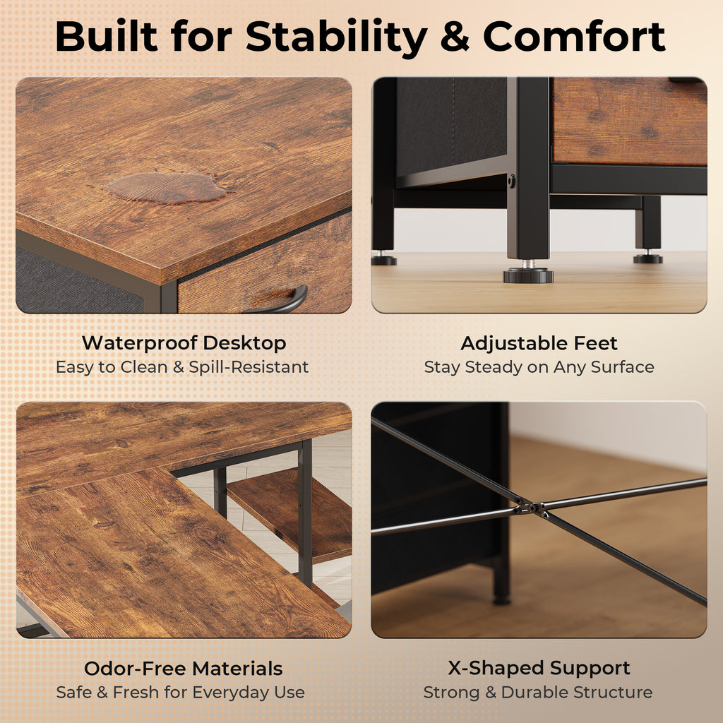 63 Inch L-Shaped Desk with Fabric Drawers, Reversible Home Office & Gaming Desk with Power Outlets, USB-C, and Adjustable Storage Shelves, Brown