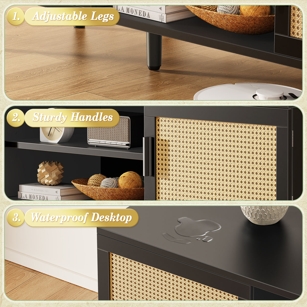 Amadwell Rattan TV Stand for 60" TVs, Adjustable Shelf, Natural Living Room Entertainment Center, Black