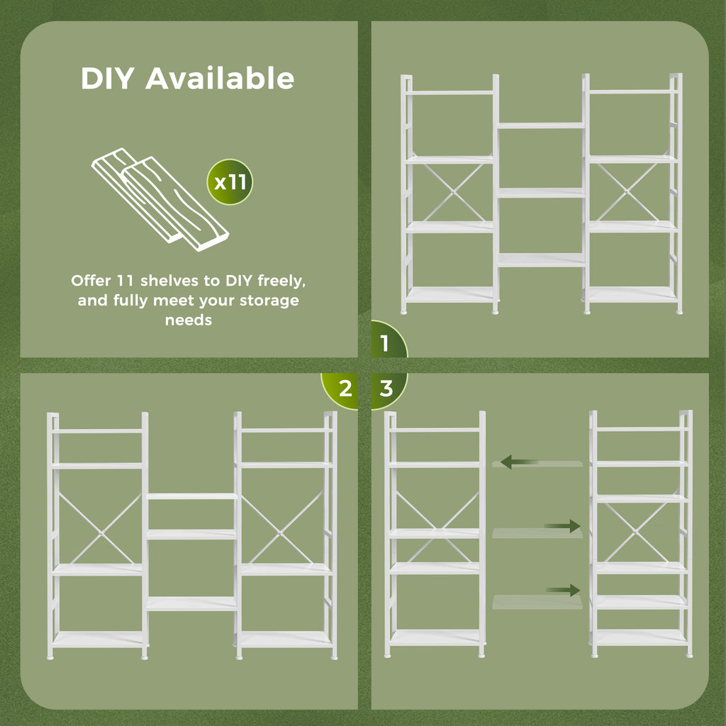 Amadwell 4 Tier Industrial Bookcase, Large Shelf Bookshelf, 11 Units Storage for Living Room, White