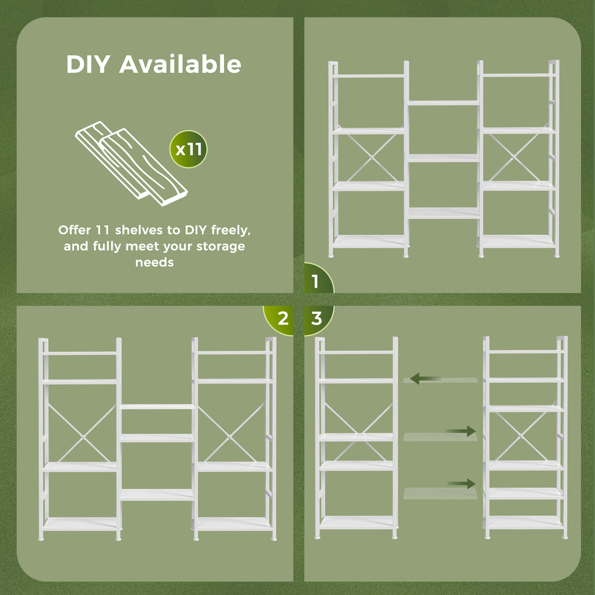 Amadwell 4 Tier Industrial Bookcase, Large Shelf Bookshelf, 11 Units Storage for Living Room, White