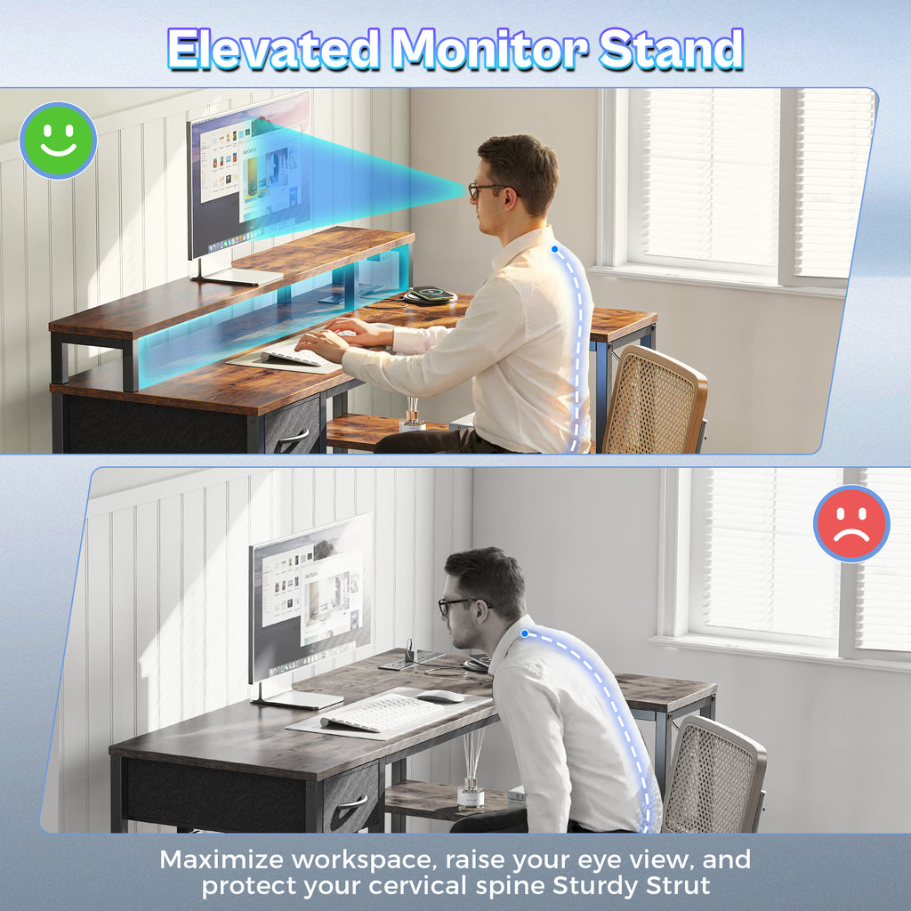 Amadwell 47 Inch L Shaped Desk with LED Strip, Corner Gaming Desk with Power Outlet, Drawer & Shelves, Brown