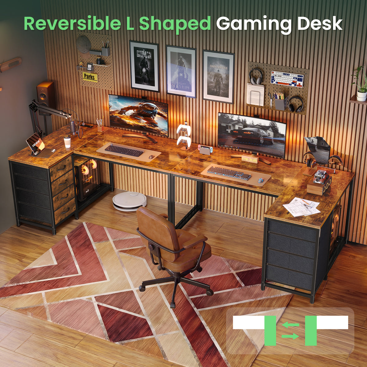 Amadwell 43 Inch L Shaped Desk with Power Outlets & Drawers, Reversible L-Shape Computer Desk, Brown
