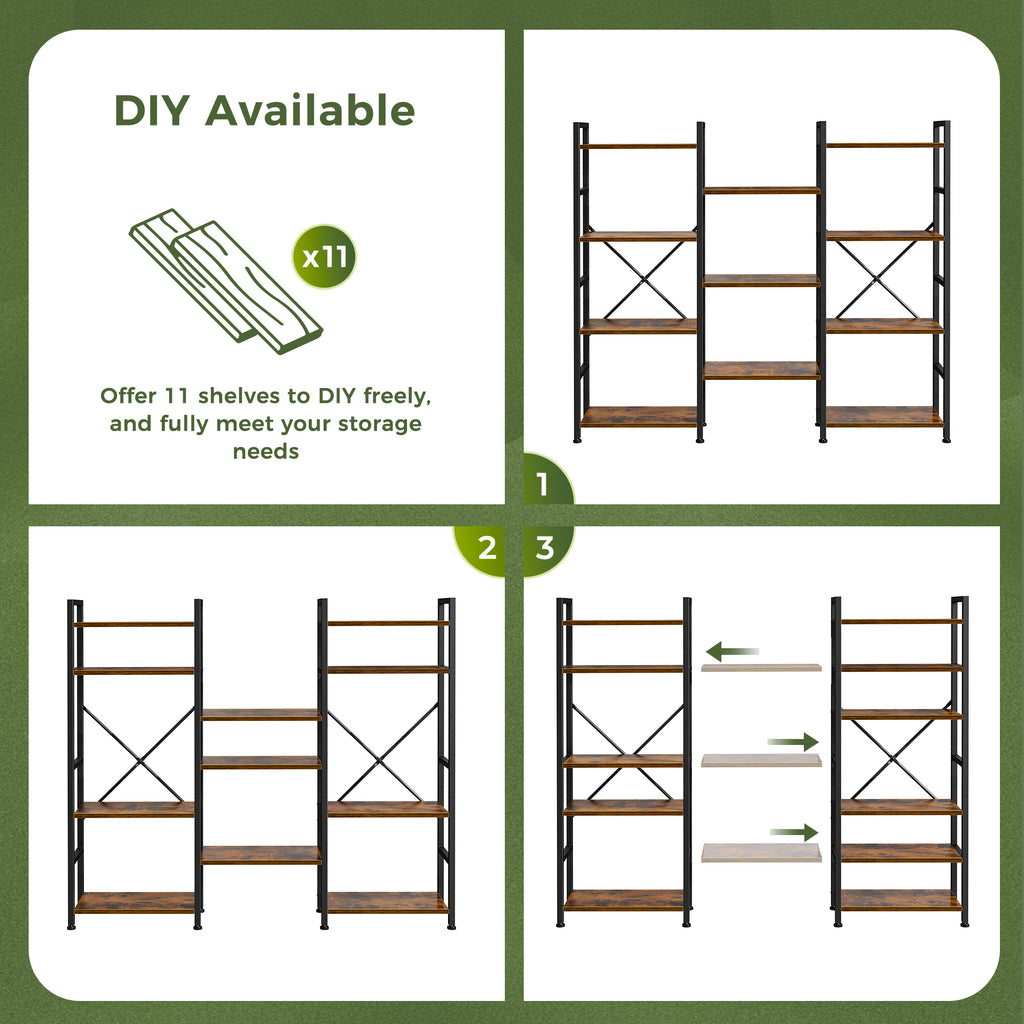 Amadwell 4 Tier Industrial Bookcase, Large Shelf Bookshelf, 11 Units Storage for Living Room, Brown