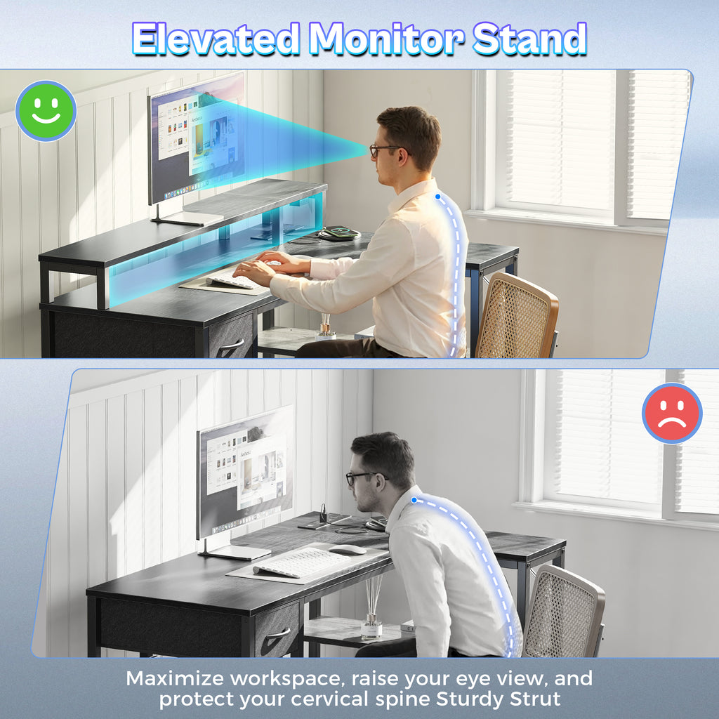 Amadwell 47 Inch L Shaped Desk with LED Strip, Corner Gaming Desk with Power Outlet, Drawer & Shelves, Gray