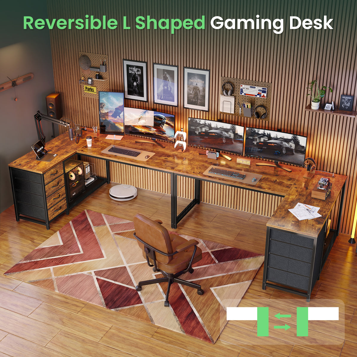 Amadwell 53 Inch L Shaped Desk with Power Outlets & Drawers, Reversible L-Shape Computer Desk, Brown