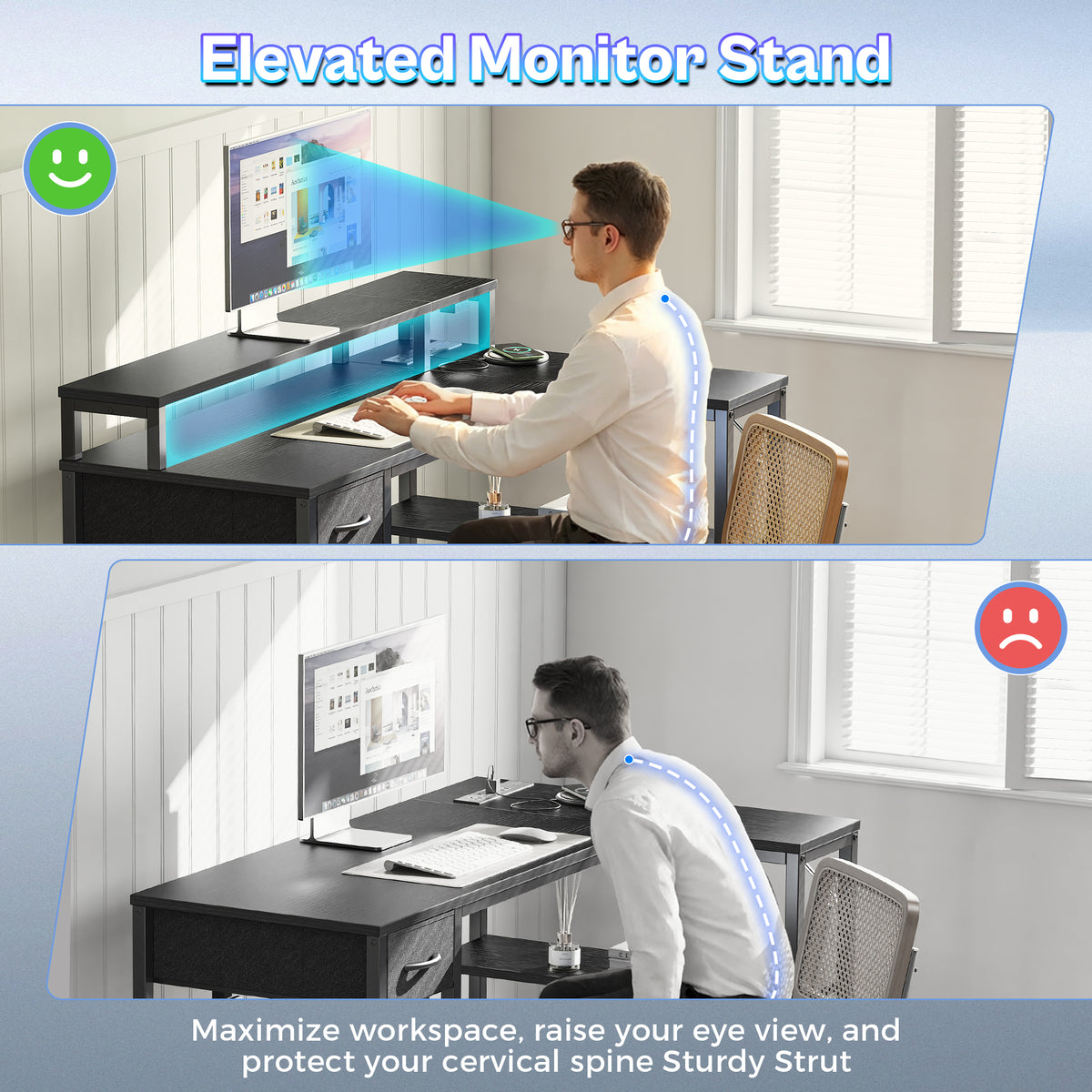 Amadwell 47 Inch L Shaped Desk with LED Strip, Corner Gaming Desk with Power Outlet, Drawer & Shelves, Black