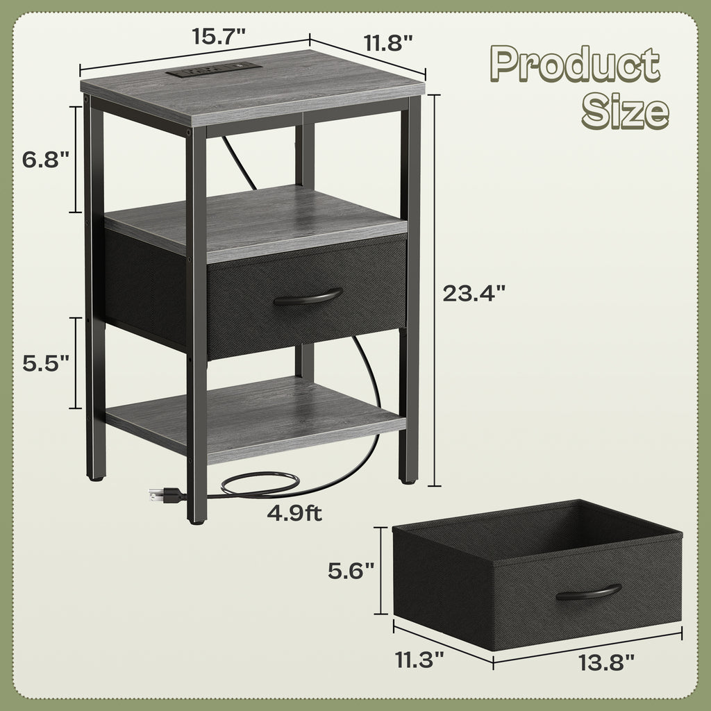 Nightstand with Charging Station, Adjustable Fabric Drawer, 3-Tier Bed Side Table, Night Stand for Bedroom, Storage End Table,Charcoal Gray