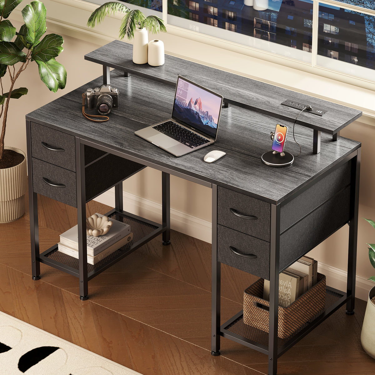 Amadwell 47" Gaming Computer Desk with LED Lights, Power Outlets, Home Office Writing Desk with 4 Drawers, Gray