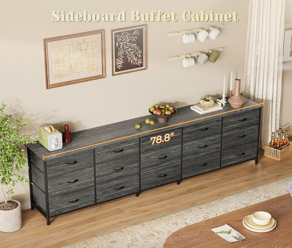Amadwell 78.8 Inch Dresser with 15 Fabric Drawers, Large TV Stand for 65, 75, 85 Inch TV, Long Dresser for Bedroom, Entertainment Center for Living Room, Chest of Drawers & Storage, Charcoal Black