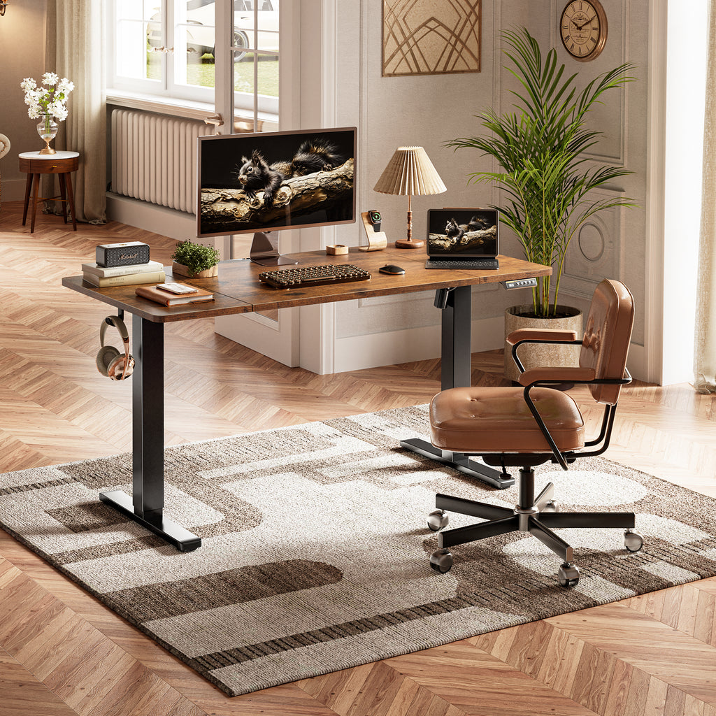 Amadwell 55" Electric Height Adjustable Standing Desk, 27.6" Deep Work Table with Cable Management, Home Office Desk, Brown