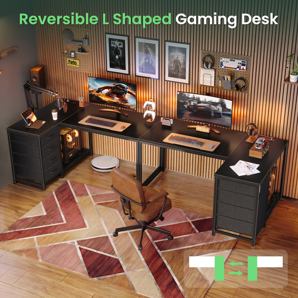 Amadwell 43 Inch L Shaped Desk with Power Outlets & Drawers, Reversible L-Shape Computer Desk, Black