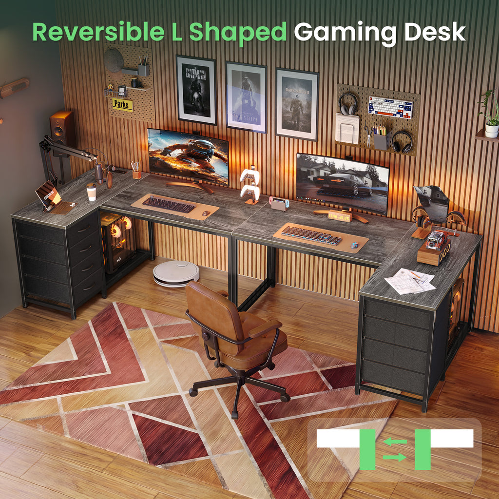 Amadwell 43 Inch L Shaped Desk with Power Outlets & Drawers, Reversible L-Shape Computer Desk, Gray