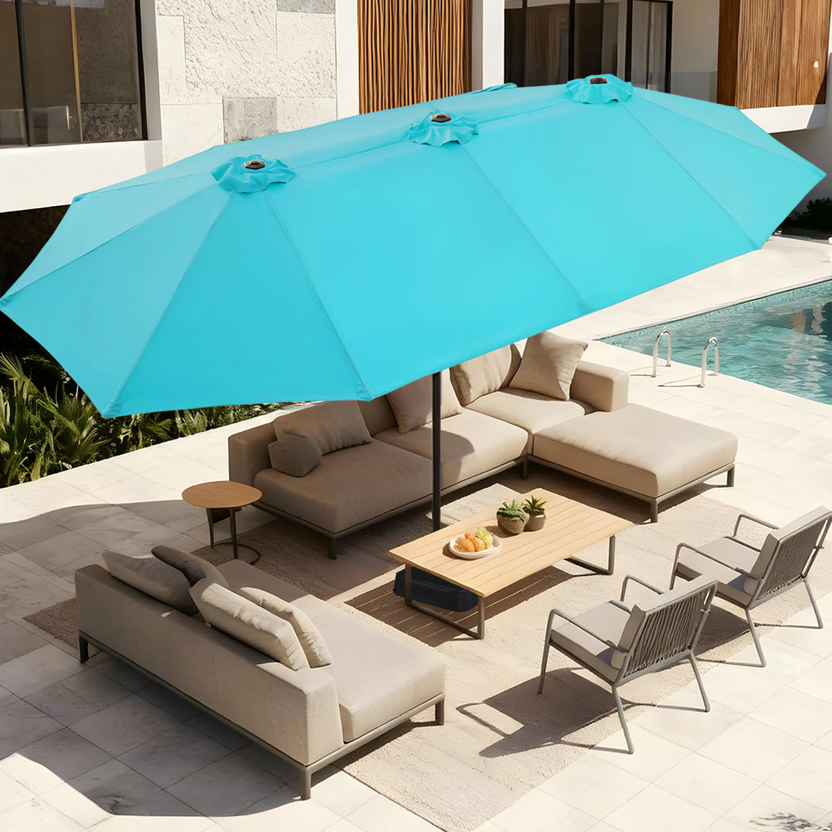 Amadwell 13FT Large Patio Umbrella with Base Included, Double Sided Outdoor Umbrellas, Light Blue